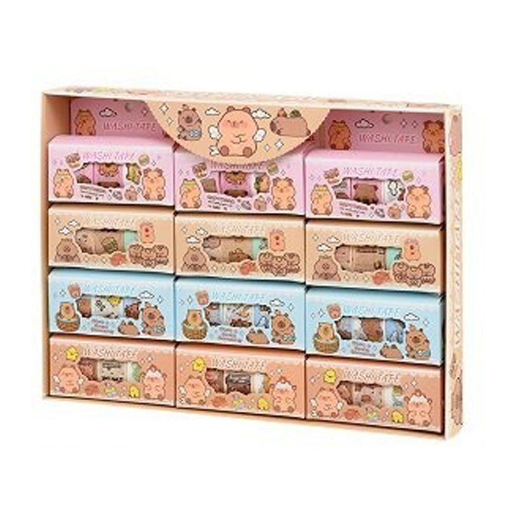 Клейкая лента (скотч) декоративная Basir, цветная, с рисунком капибары, 4 ленты в наборе