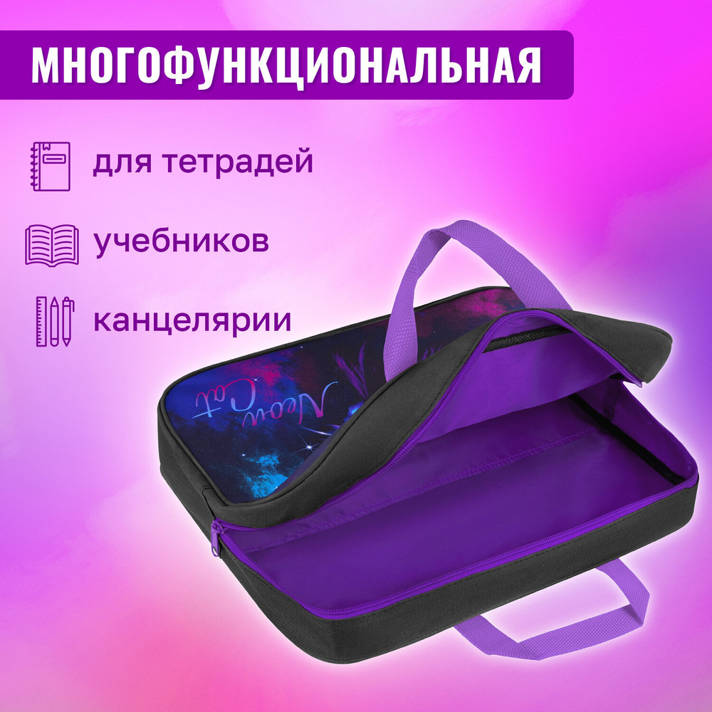 Папка на молнии с ручками BRAUBERG А4 1 отделение полиэстер 80 мм "Neon cat" (2 штуки в упаковке)