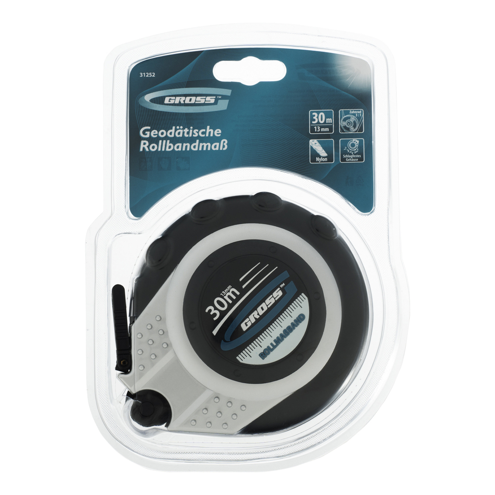 Рулетка геодезическая 30 м х 13 мм, закрытый корпус, металлическая лента, нейлон Gross