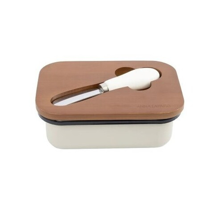 Масленка с ножом бежевая 16*11 см  металл/дерево