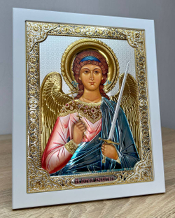 Ангел Хранитель, икона прямоугольная с рамкой, белое дерево, эмаль 185х235