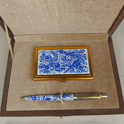 Набор "Гжель" визитница и ручка Parker с ручной росписью Палех