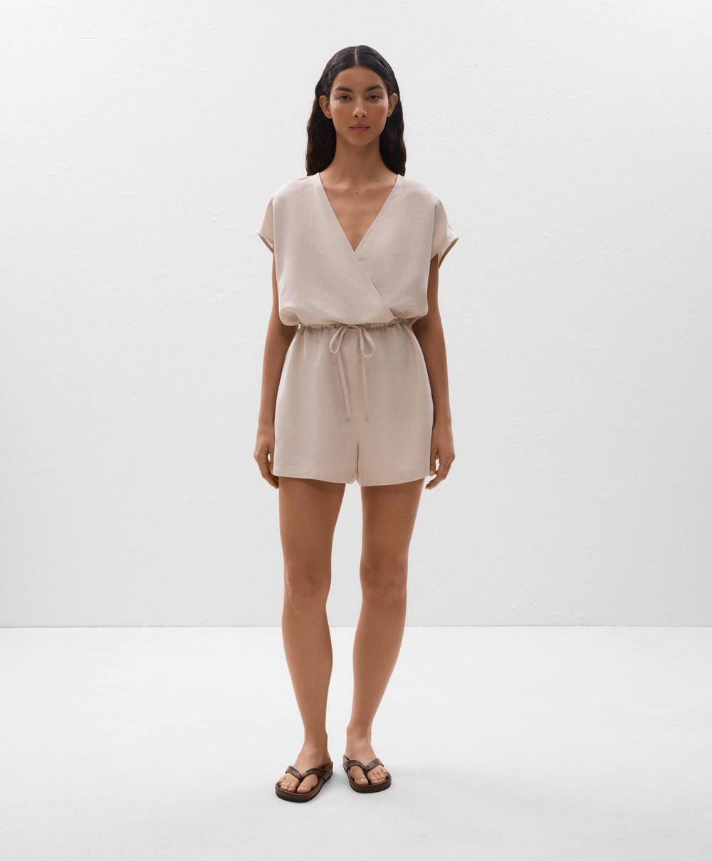 Oysho Короткий комбинезон с запахом из льна, песочный меланж