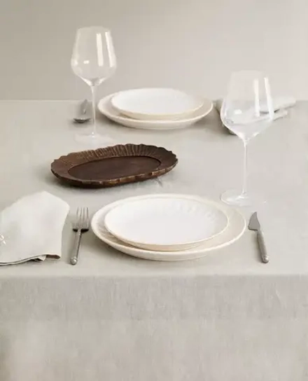 ZARA HOME ЛЬНЯНАЯ СКАТЕРТЬ С ВЫШИВКОЙ НА РОЖДЕСТВЕНСКУЮ ТЕМАТИКУ, СЕРЕБРЯНЫЙ
