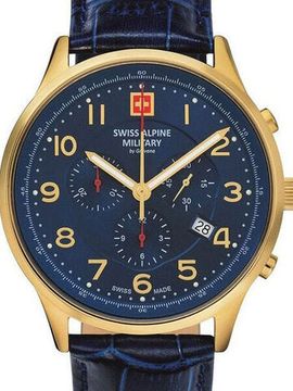 С ремешком Мужские наручные часы с синим кожаным ремешком  Swiss Alpine Military 7084.9515 Chronograph 43mm 10ATM