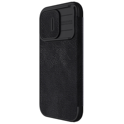 Кожаный чехол книжка черного цвета от Nillkin для iPhone 15 Pro Max, серия Qin Pro Leather с защитной шторкой для камеры