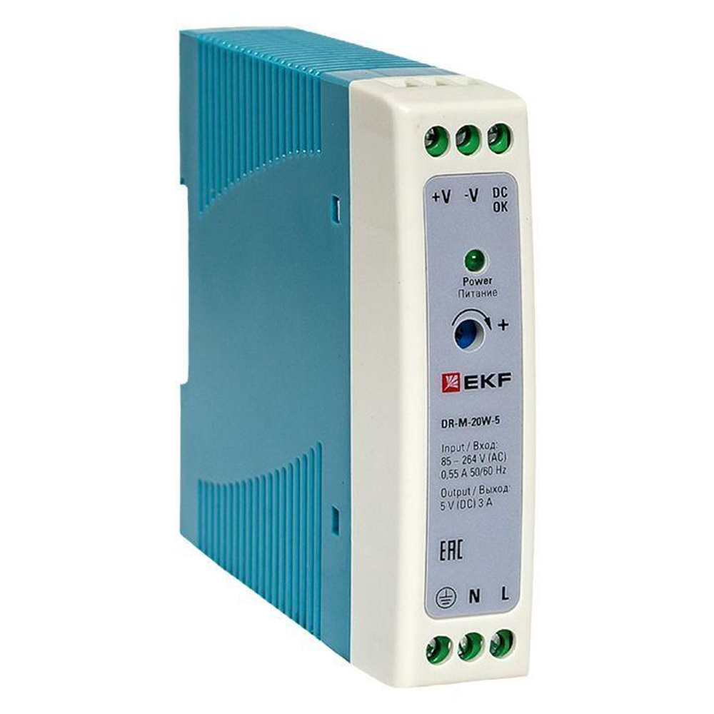 Блок питания на DIN рейку 20Вт Uвх 220В AC m Uвых - 5В DC постоянного тока EKF DR-M-20W-5