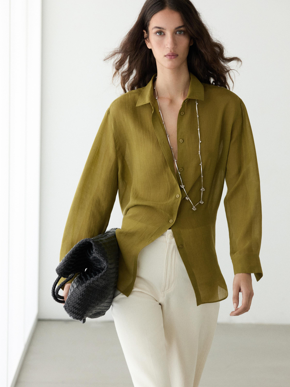 Massimo Dutti Рубашка свободного кроя с рубашечным воротником, зеленый
