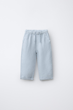 ZARA БРЮКИ СТРУЯЩЕГОСЯ КРОЯ ИЗ СМЕСОВОГО ЛЬНА, ГОЛУБОЙ