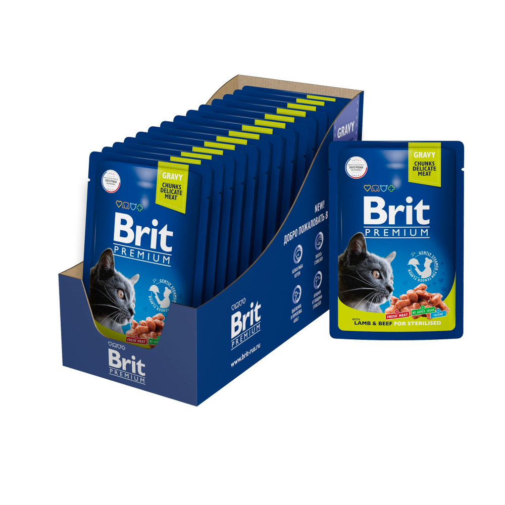 Пауч Brit Premium для взрослых стерилизованных кошек ягненок и говядина в соусе 85 г