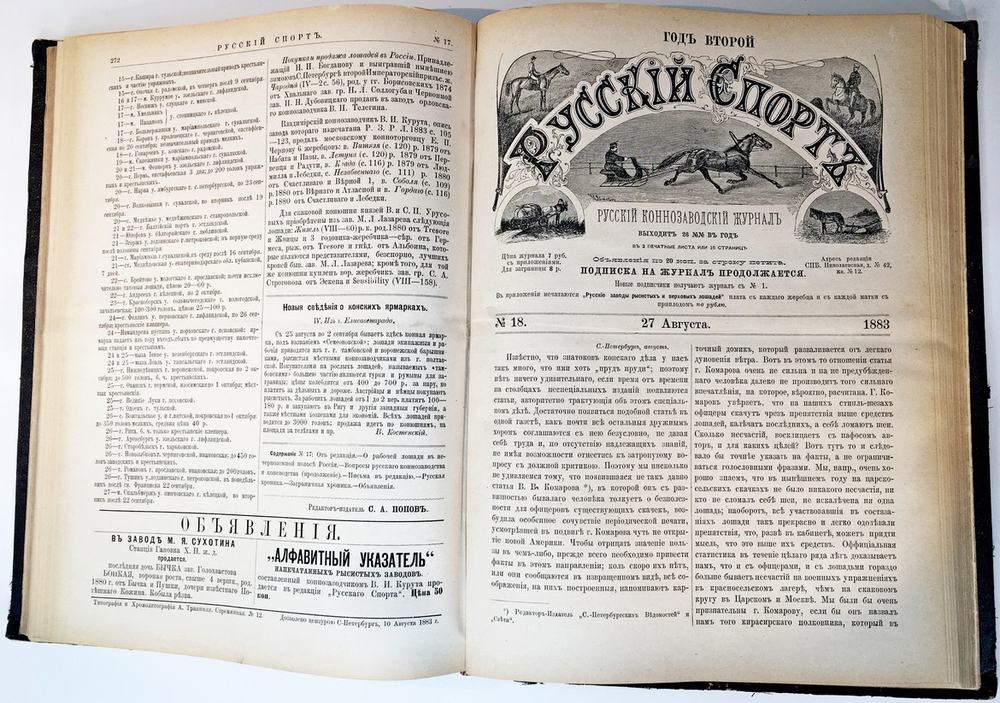Русский коннозаводческий журнал «Русский спорт» Второй год издания, 1883 г. С 1 по 26 номер.