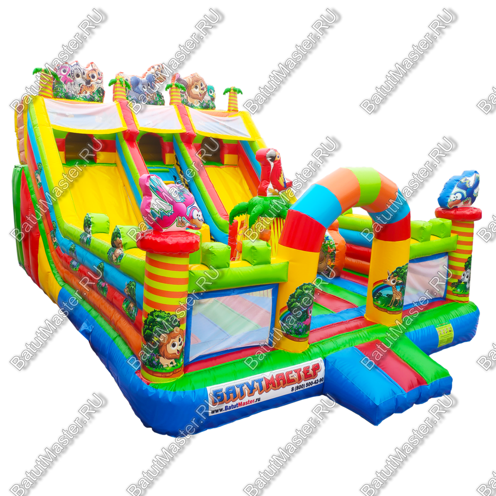 Коммерческий надувной батут "Дружная компания" в тематике "слоник в джунглях", 8*6*6 м