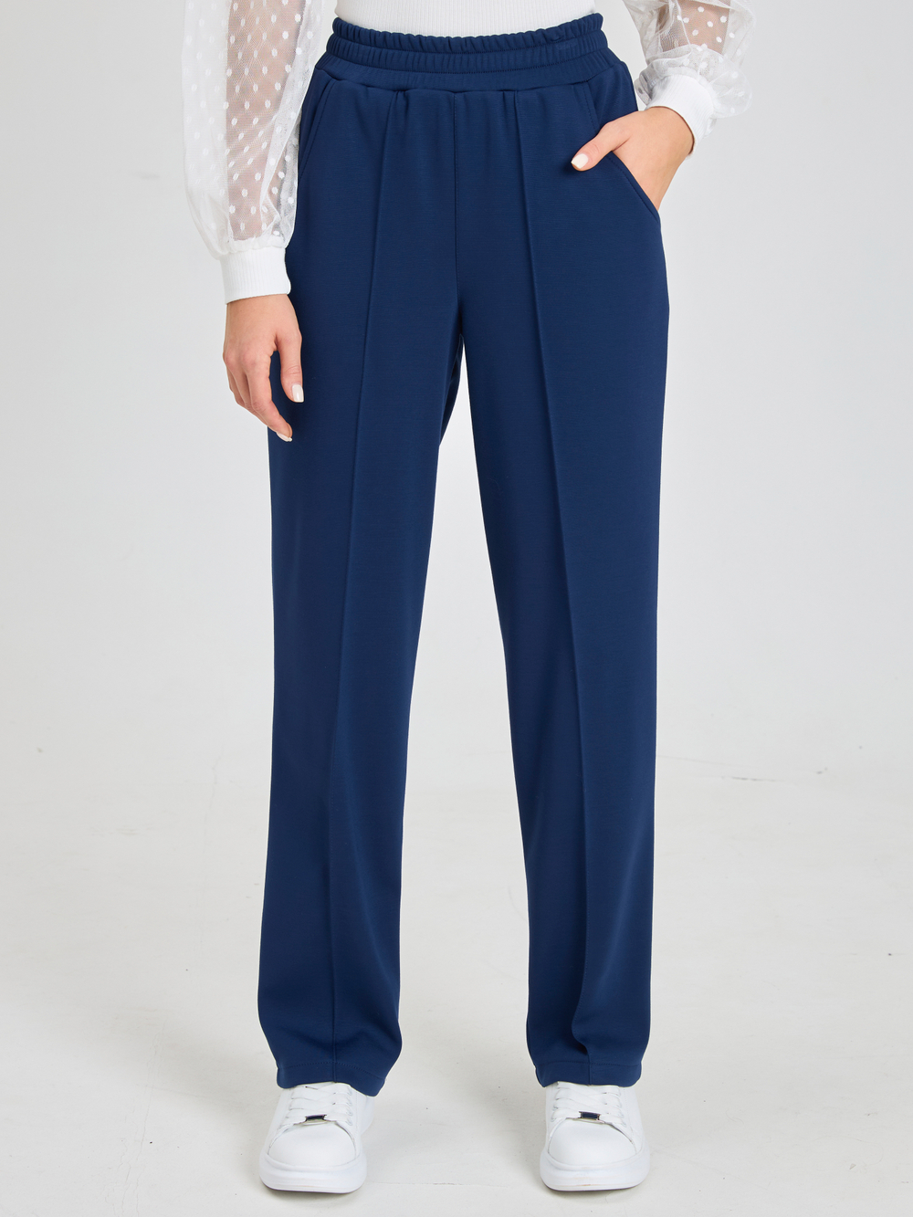 Брюки утепленные для девочки прямые с прошитой стрелкой тёмно-синие