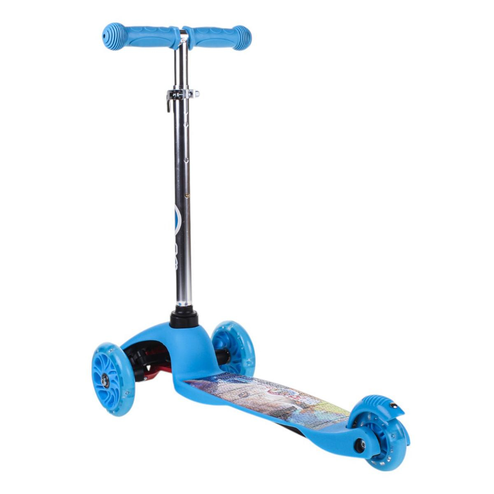 Самокат 3х кол. голубой, 55см, макс.высота ручки 62см. колеса PU свет, макс.вес 45кг.