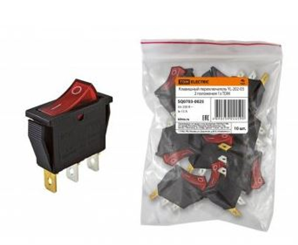 Клавиша-тумблер одинарная узкая средняя 1полож 3кон (Красная) TDM (SQ0703-0025) YL-202-03