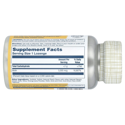 Solaray, Биотин, натуральные ароматизаторы «Персик», «Клубника», «Банан», 5000 мкг, 60 пастилок