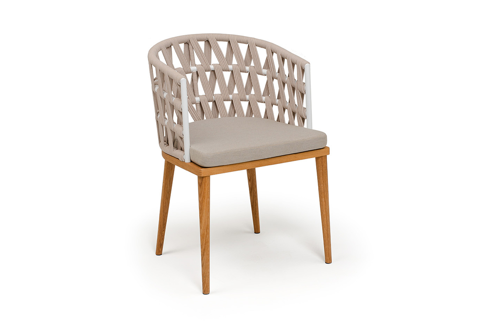 "Диего" стул плетеный из роупа, основание дуб каркас из стали белый муар, роуп бежевый круглый, ткань бежевая 052