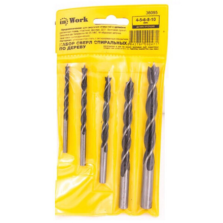 36095 Набор сверл спиральных по дереву 5шт (4,5,6,7,8,10мм)
