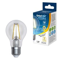 LED-A60-10W-3000K-E27-CL-DIM GLA01TR Лампа светодиодная диммируемая. Форма А. прозрачная. Серия Air. Теплый белый свет 3000K. Картон. ТМ Uniel.