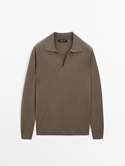 Massimo Dutti Трикотажный свитер из смесовой шерсти с воротником поло, кофейный