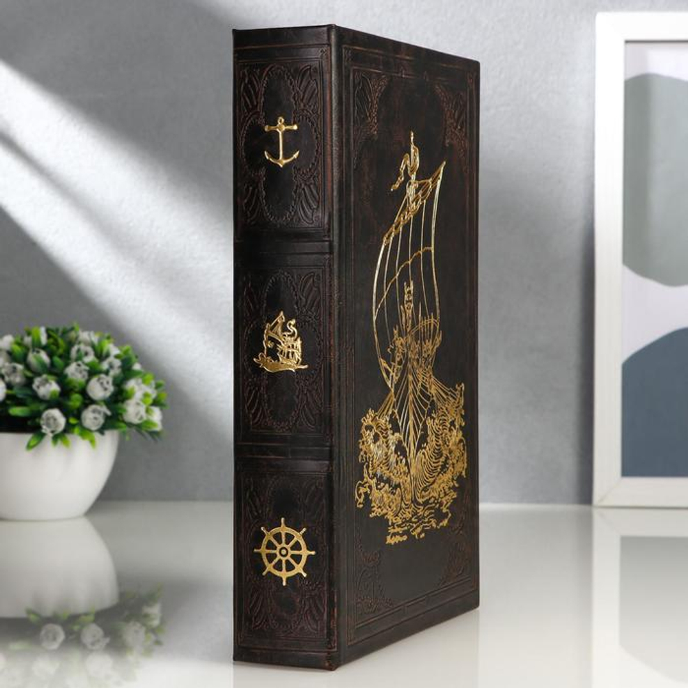 Шкатулка книга - сейф «Корабль викингов», дерево и искусственная кожа, с замком, 26×17×5 см