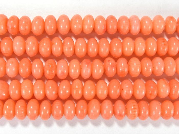 Нить бусин из коралла розового, облагороженного, фигурные, 4x6 мм (рондель, гладкая)