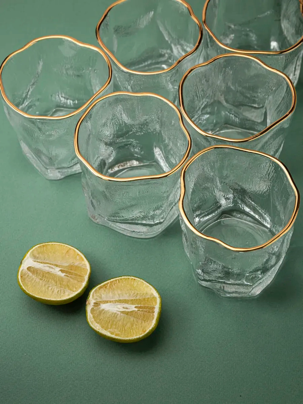 Набор изогнутых бокалов, лед, 250 мл. 6 шт с золотой каймой