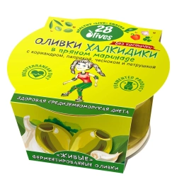 Оливки Халкидики без косточки в пряном маринаде с кориандром и паприкой 28Olives, 150 г, упаковка спереди