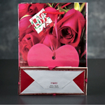 Подарочный пакет Love с розочками и сердечками - 23 х 18 см. (Цвет: красный)