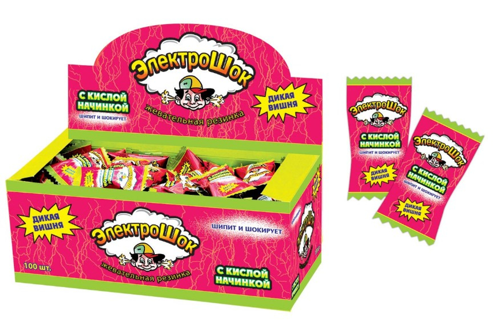 Жевательная резинка с сахаром, с начинкой, с ароматом ВИШНИ (Электрошок) 100шт