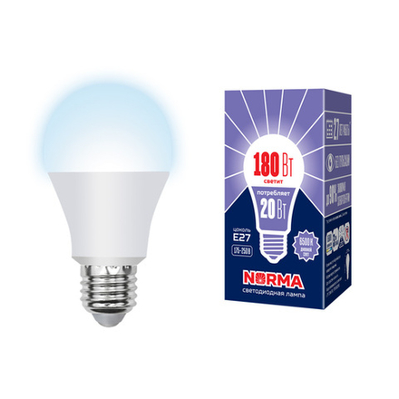 LED-A65-20W-DW-E27-FR-NR Лампа светодиодная. Форма A. матовая. Серия Norma. Дневной белый свет 6500K. Картон. ТМ Volpe