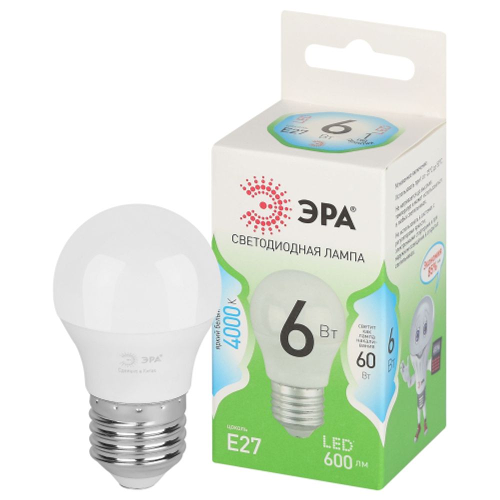 Лампа светодиодная ЭРА GREEN LINE LED P45-6W-840-E27 GL E27 6 Вт шар яркий белый свет | Лампы cветодиодные Шар (G/P)