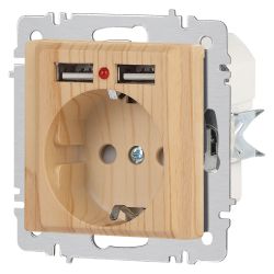 Розетка Intro Accent 6-410-11 с заземлением 2P+E Schuko со шторками 16А-250В + 2хUSB IP20 СУ сосна
