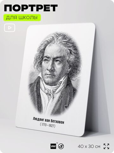 Портрет для школы в кабинет музыки "Людвиг Ван Бетховен", стенд школьный для класса, деятели науки для оформления классного уголка, 40х30 см, Silver Plane x Айдентика Технолоджи