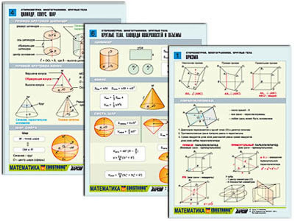 Таблицы раздаточные по геометрии &quot;Стереометрия. Многогранники. Круглые тела&quot; (А4, 6шт)