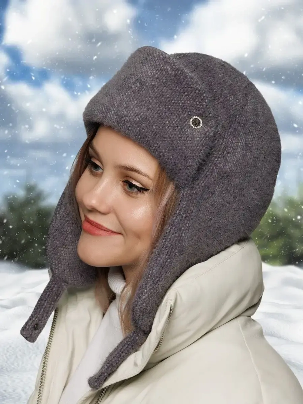 Шапка ушанка зимняя вязаная на флисе