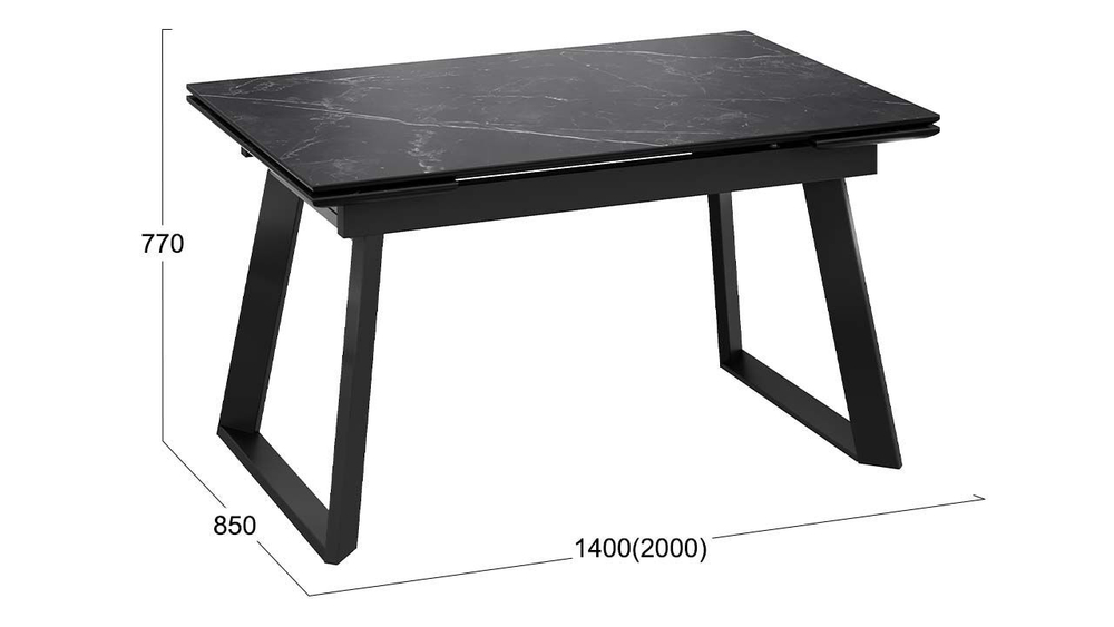 Стол кухонный обеденный раздвижной Черный муар/Керамика матовая серый мрамор 140(200)х85х77 см