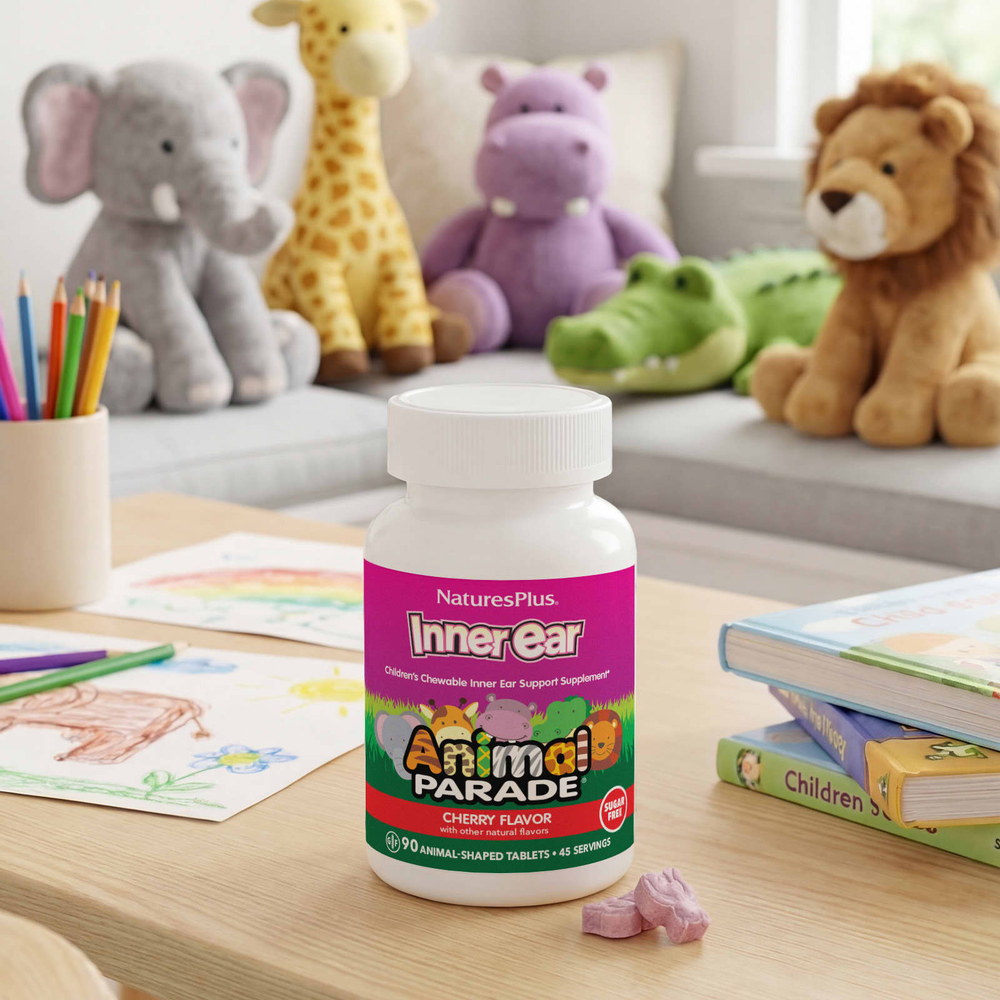 NaturesPlus, Animal Parade, жевательная добавка для поддержки здоровья внутреннего уха, для детей, с вишневым вкусом, 90 таблеток в форме животных