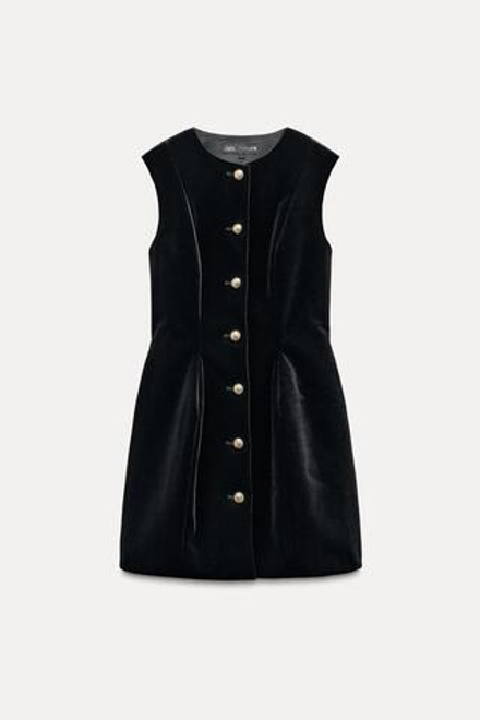 ZARA БАРХАТНОЕ ПЛАТЬЕ С БАСКОЙ — ZW COLLECTION, ЧЕРНЫЙ