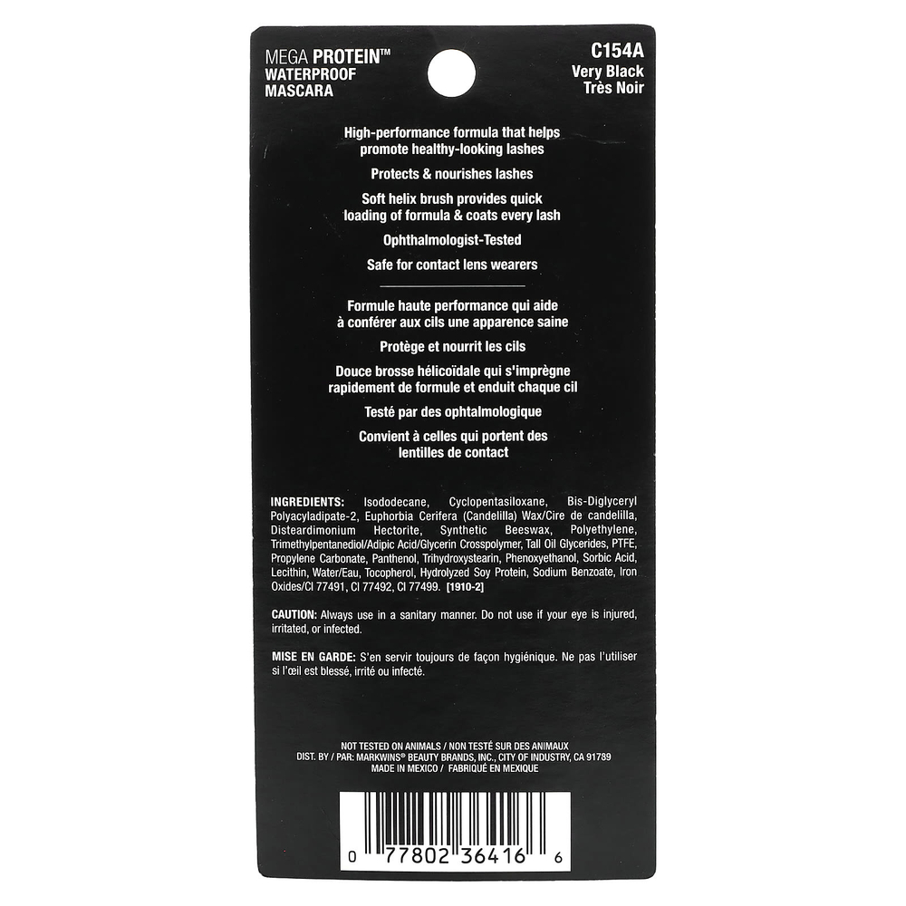 wet n wild, Водостойкая тушь для ресниц Mega Protein, C154A Very Black, 6 мл (0,21 жидк. Унции)
