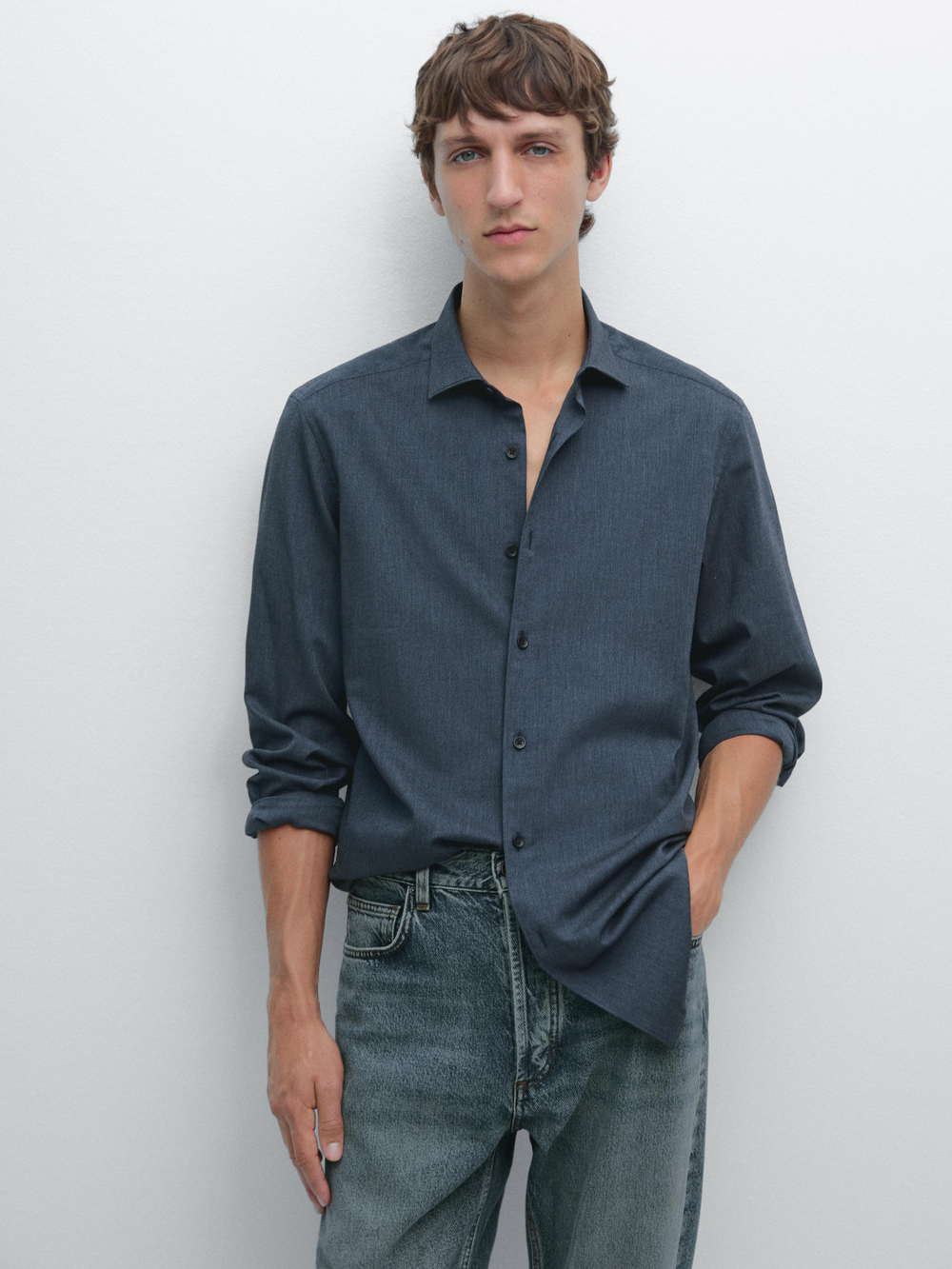 Massimo Dutti Меланжевая рубашка облегающего кроя из твила, синий