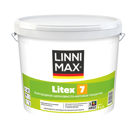 Краска интерьерная Linnimax Litex 7, шелковисто-матовая, база 1, белая, 9 л
