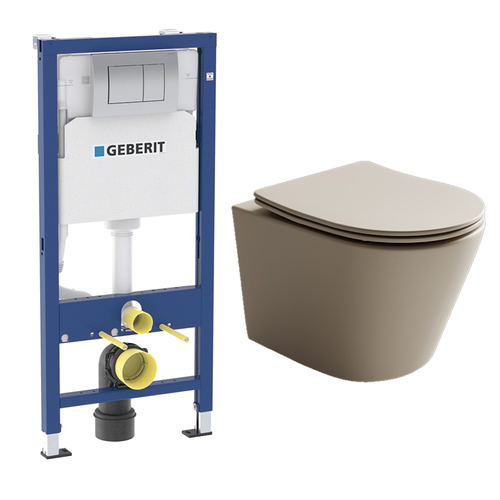 Комплект подвесной безободковый унитаз Ceramica Nova Balearica CN6000MC капучино матовый с сиденьем микролифт + инсталляция Geberit Delta 458.163.21.1 с панелью смыва, хром глянцевый