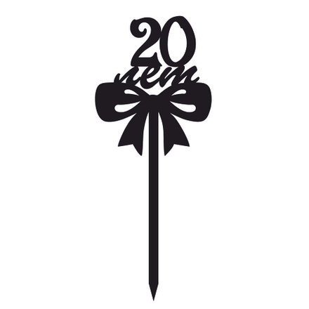 Топпер "20 лет, бантик" черный 8*9 см