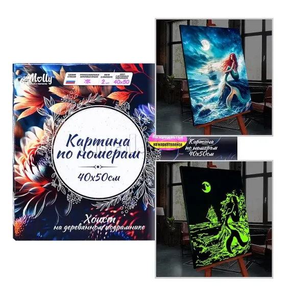 Картина по номерам со светящейся краской (40х50) СКАЗОЧНАЯ РУСАЛКА  (24 цвета)