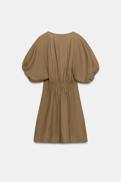 ZARA ЛЬНЯНОЕ МИНИ-ПЛАТЬЕ, ТАБАЧНЫЙ