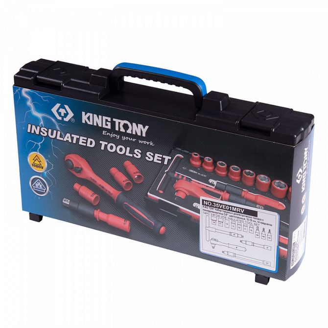 KING TONY (35VE01MRV) Набор торцевых диэлектрических головок с принадлежностями 3/8", шестигранные, 10-19 мм, 14 предметов