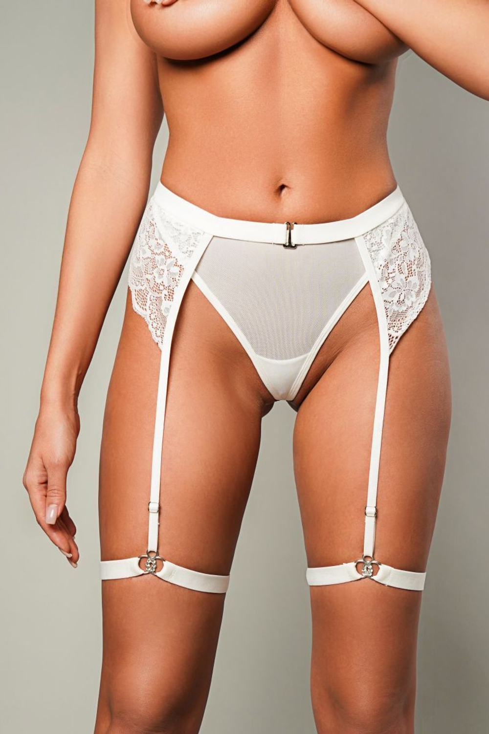 Женские трусики со съемными бусинами и поясом с гартерами (Размер: S-M) (Цвет: кремовый)