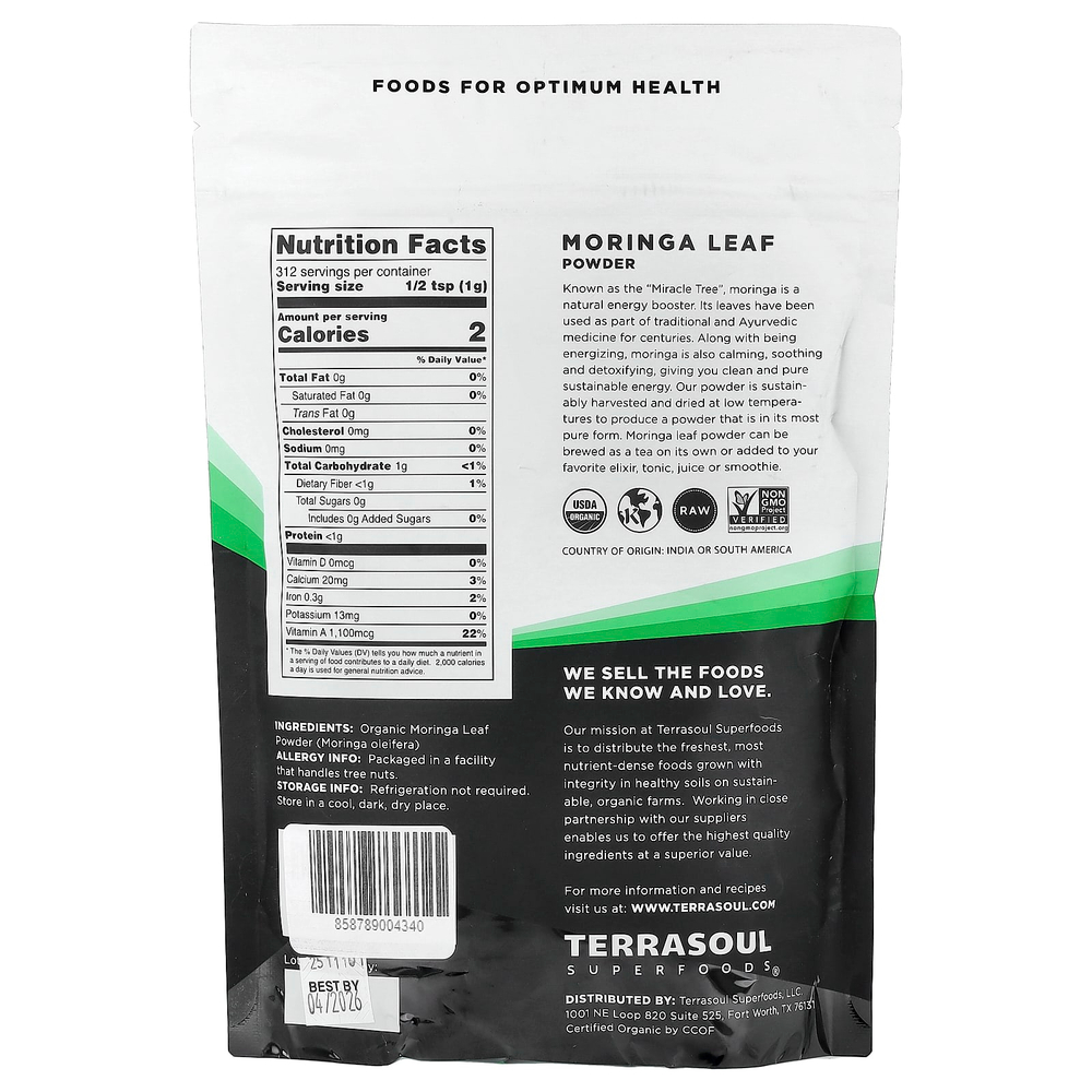 Terrasoul Superfoods, порошок из листьев моринги, Miracle Tree, 340 г (12 унций)