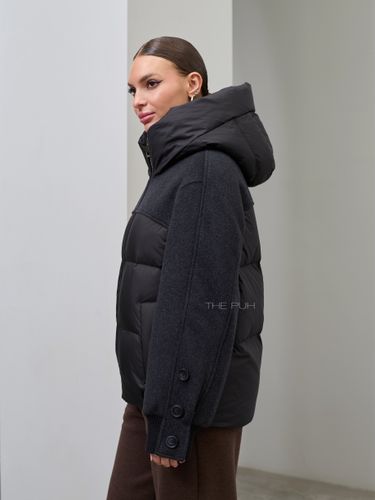 Комбинированный черный пуховик с капюшоном